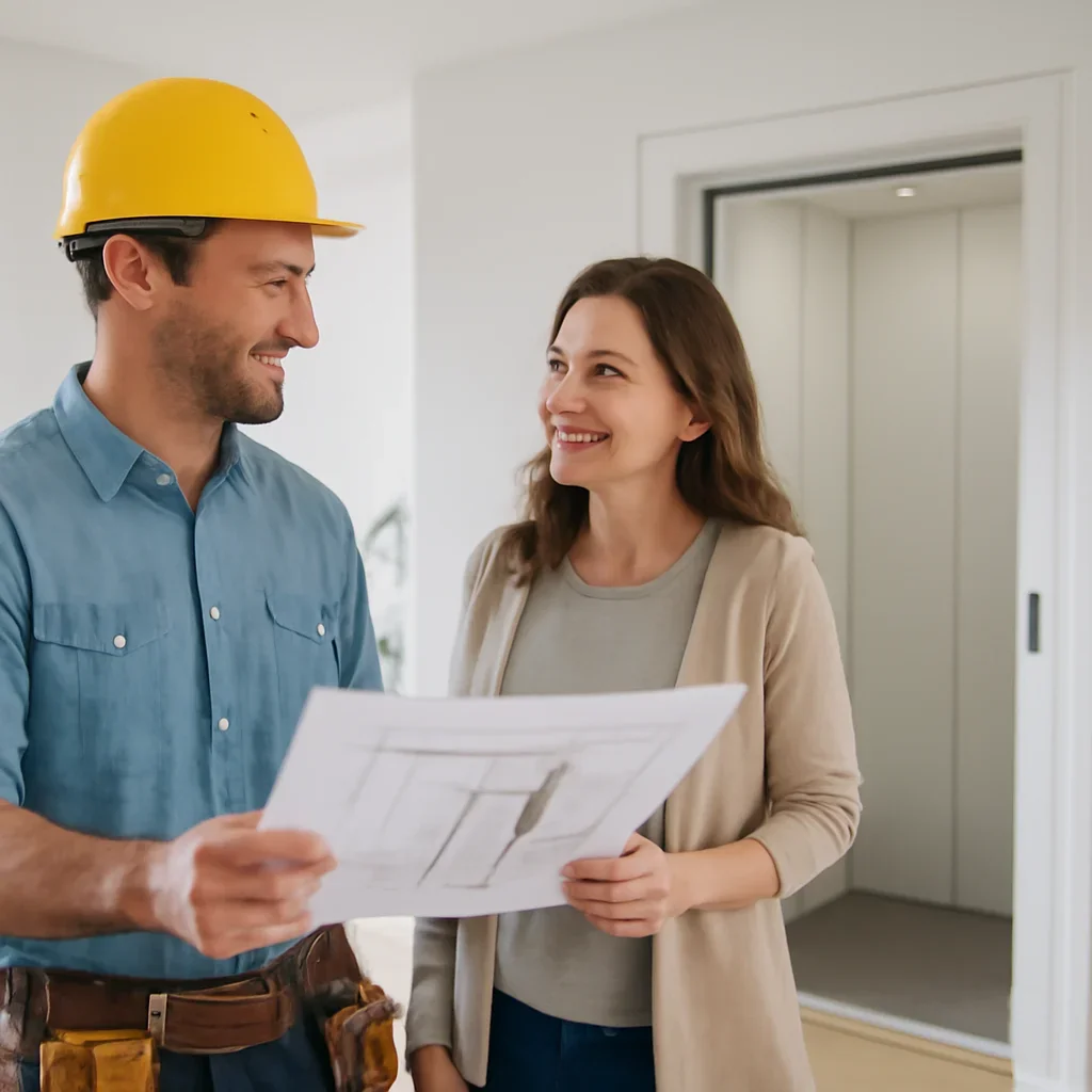 Builder and homeowner discussing a residential elevator plan
