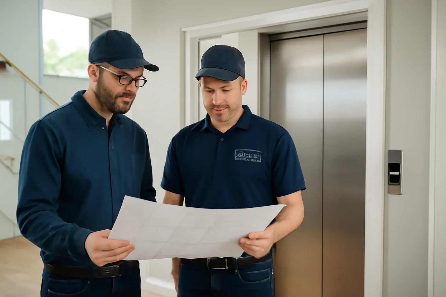 Residential elevator specialists reviewing a custom home project