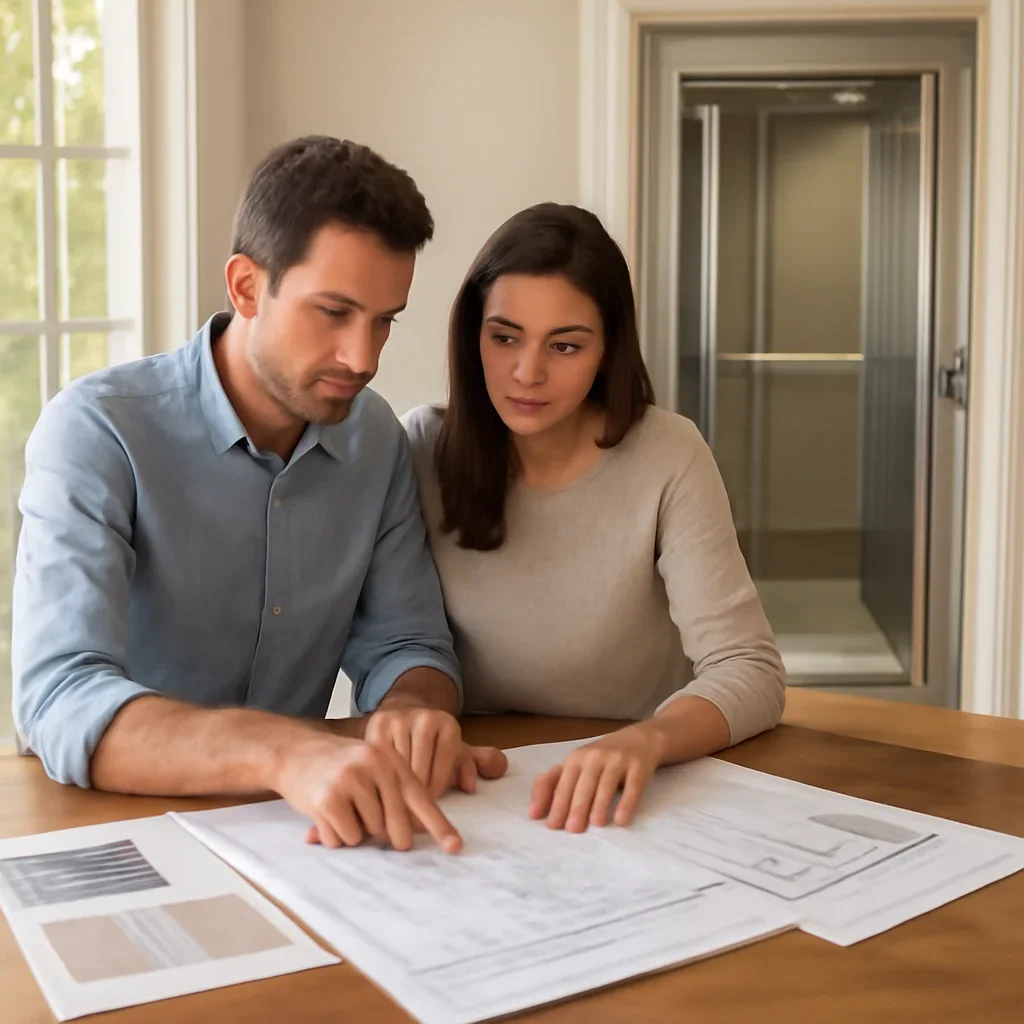 Homeowner reviewing options related to home elevator installation