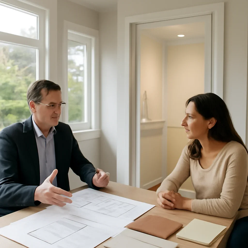 Home elevator planning conversation for a homeowner in Vancouver