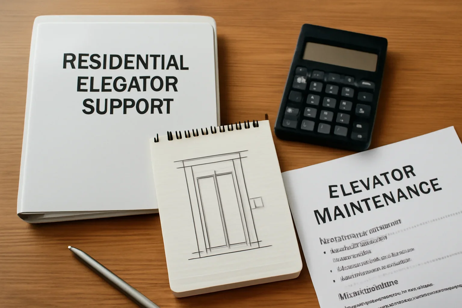 Residential elevator support resources arranged on a desk